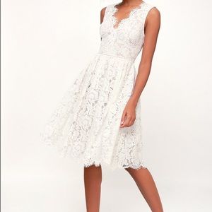 Love Swept White Lace Midi Skater Dress